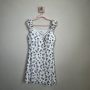 Planet Heart Floral Mesh Mini Dress XL Blue Rose Lace Trim Ruffle Sleeve Cream